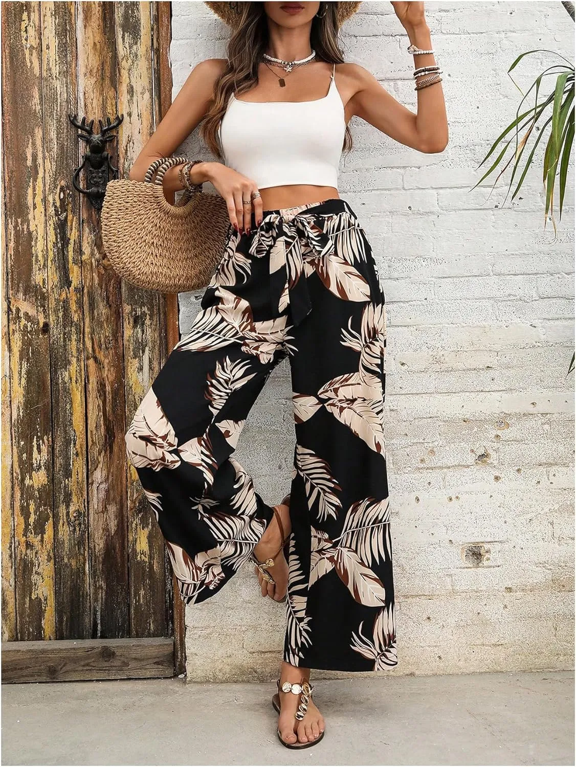 Women's Tropical Print Palazzo Pants Wide Leg Boho Elastic High Waist Vacation Long Trousers with Belt
