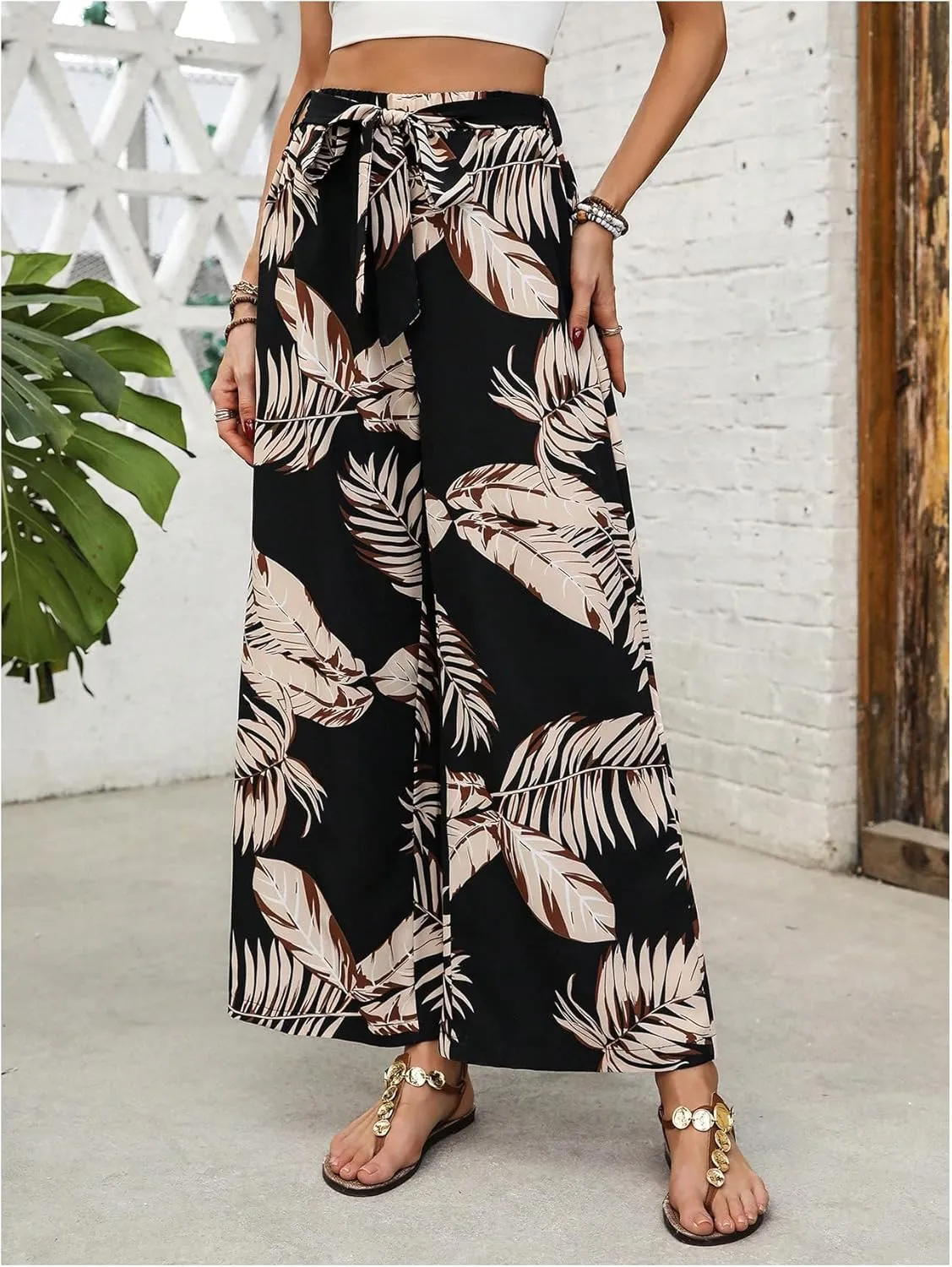 Women's Tropical Print Palazzo Pants Wide Leg Boho Elastic High Waist Vacation Long Trousers with Belt