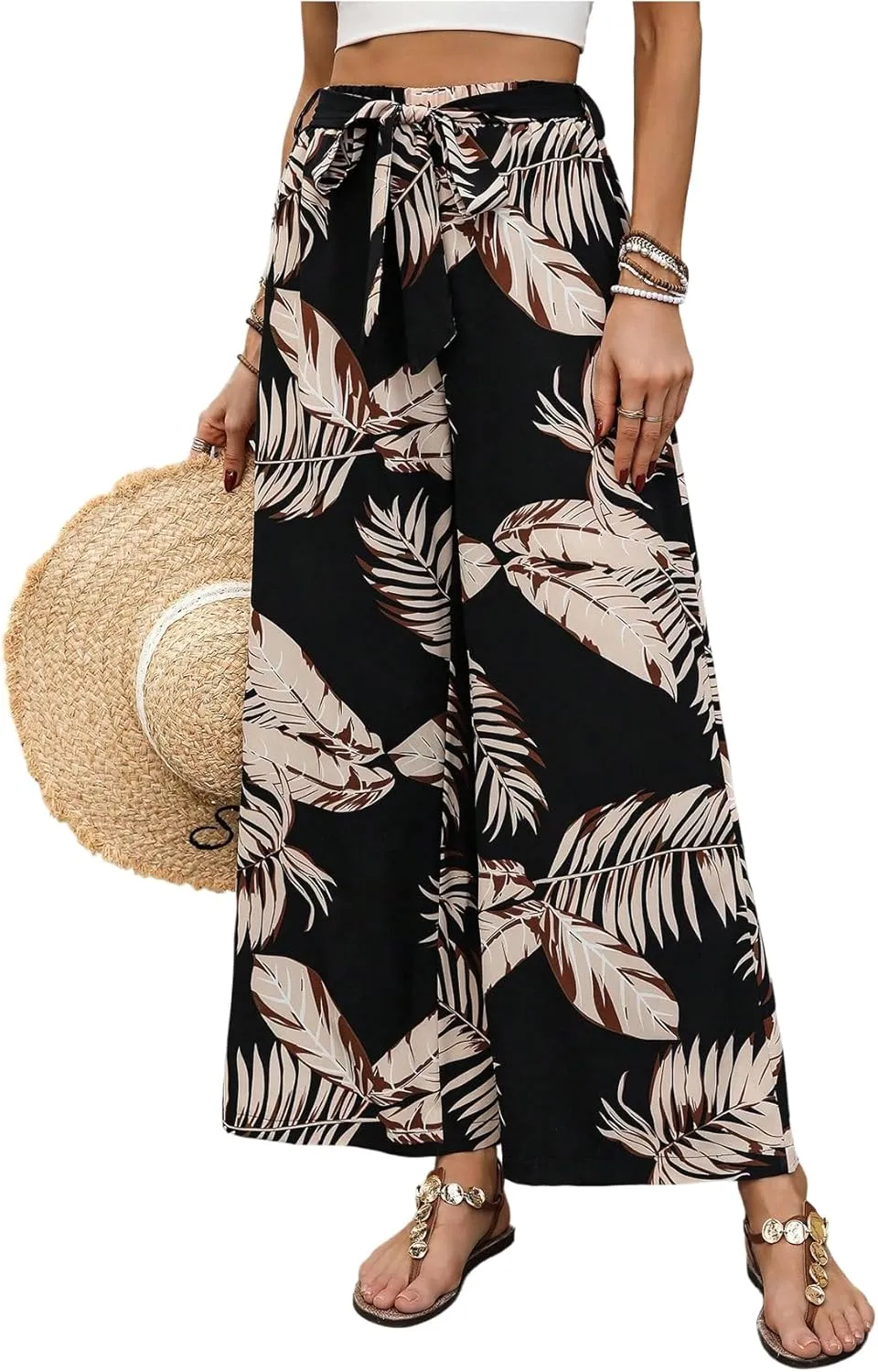 Women's Tropical Print Palazzo Pants Wide Leg Boho Elastic High Waist Vacation Long Trousers with Belt