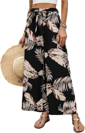 Women's Tropical Print Palazzo Pants Wide Leg Boho Elastic High Waist Vacation Long Trousers with Belt