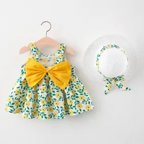 Yellow Bow Floral Print Dress with White hat
