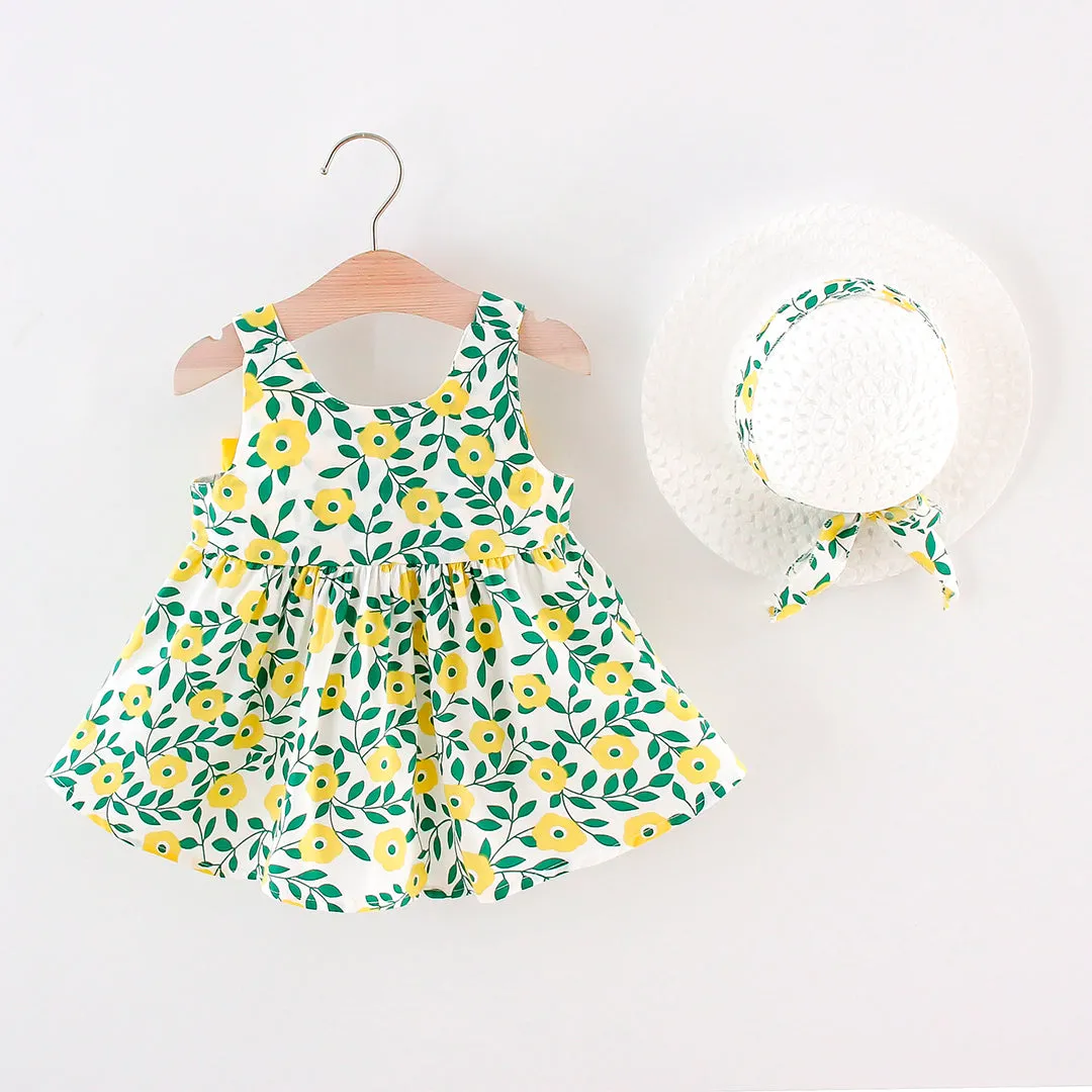 Yellow Bow Floral Print Dress with White hat