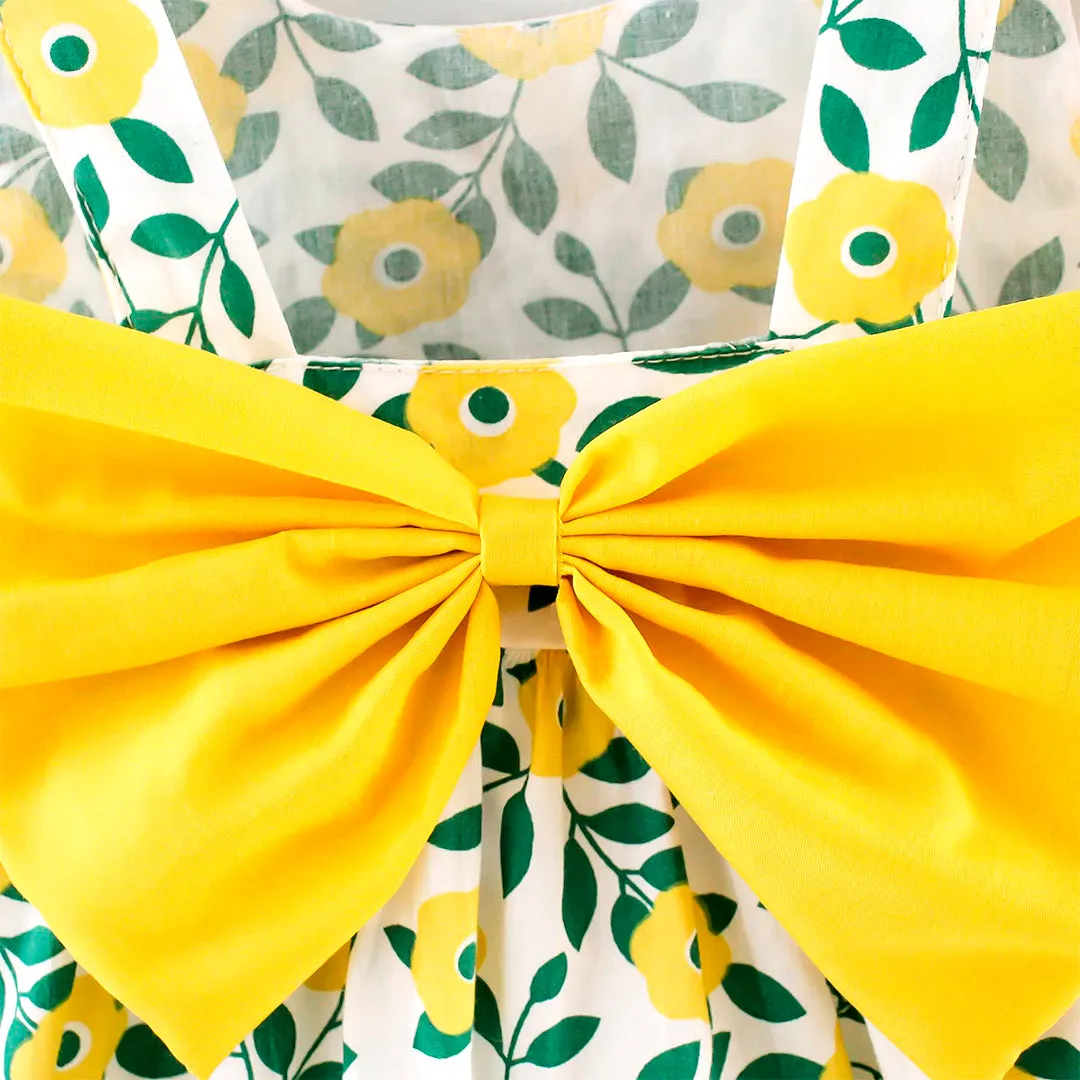 Yellow Bow Floral Print Dress with White hat